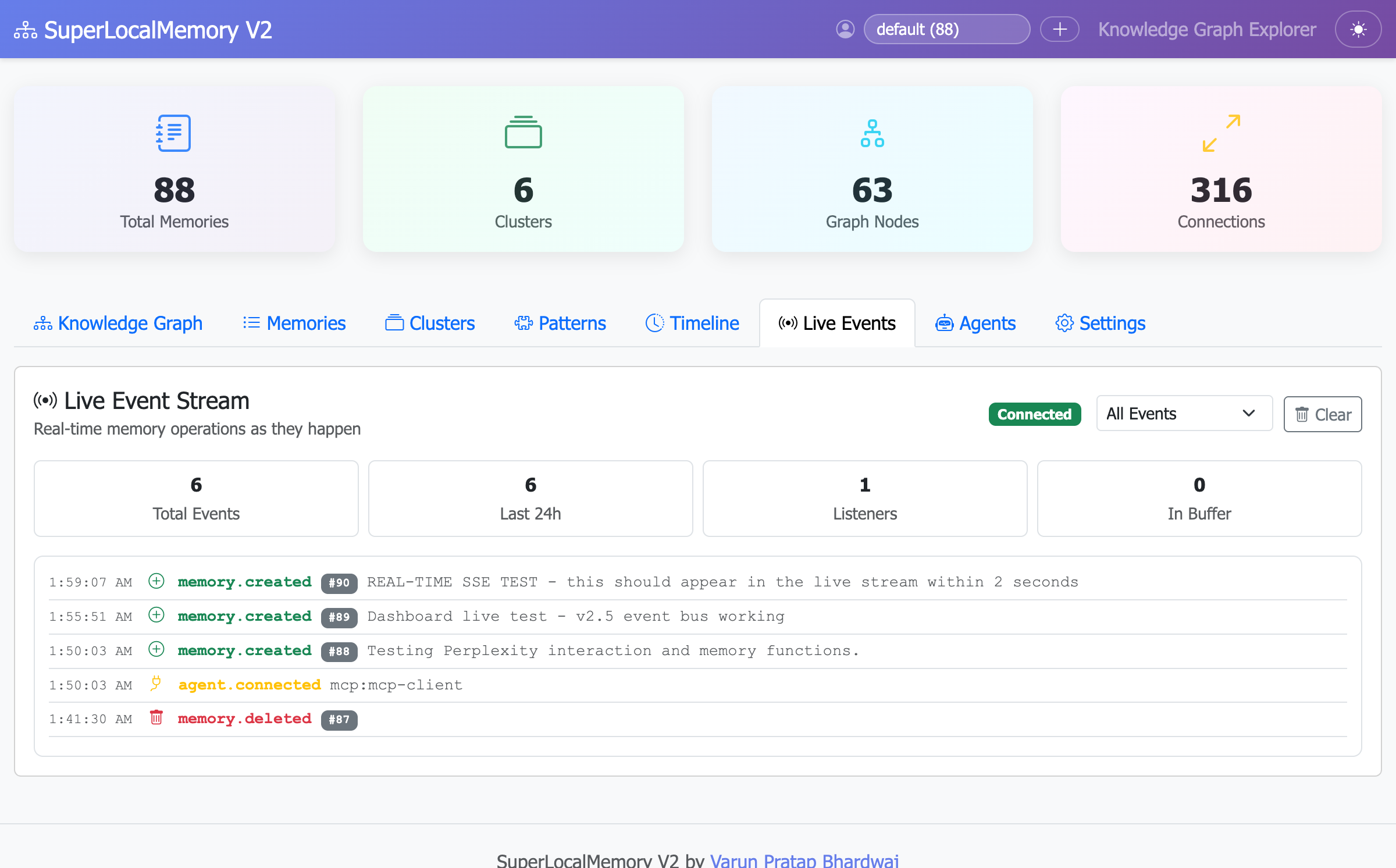 SuperLocalMemory V2.5 real-time event stream - watch AI memory operations live across MCP-enabled tools like Claude Desktop and Cursor